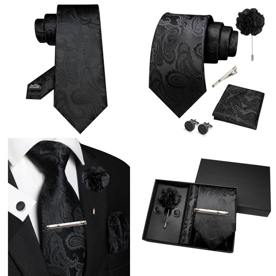 Tie Clip Set - Mens Paisley Tie and Pocket Square,Lapel